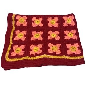 Handmade Crochet Granny Square Blanket Red Pink Yellow Throw Afghan Boho Cottage